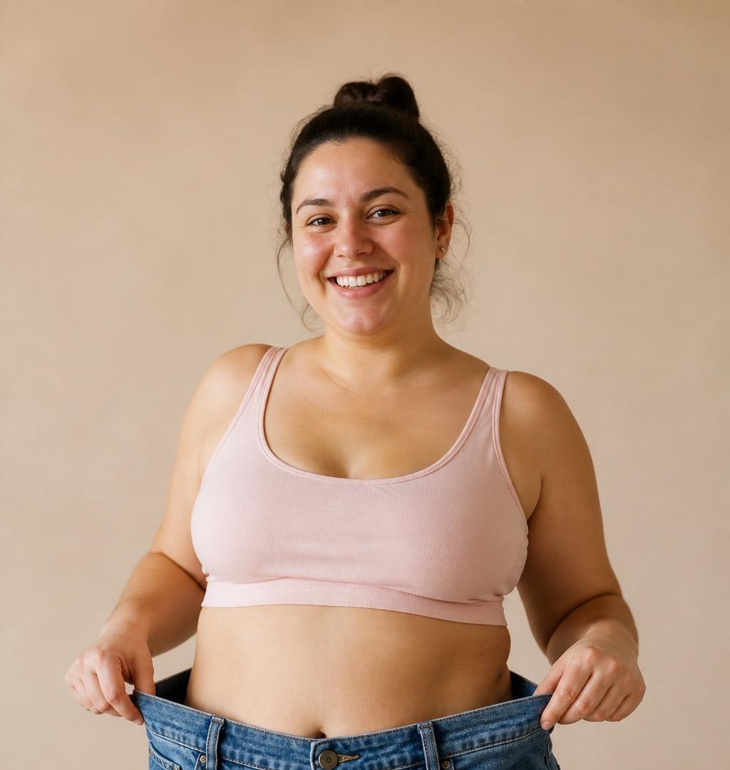 Person showing significant weight loss by holding out baggy pants