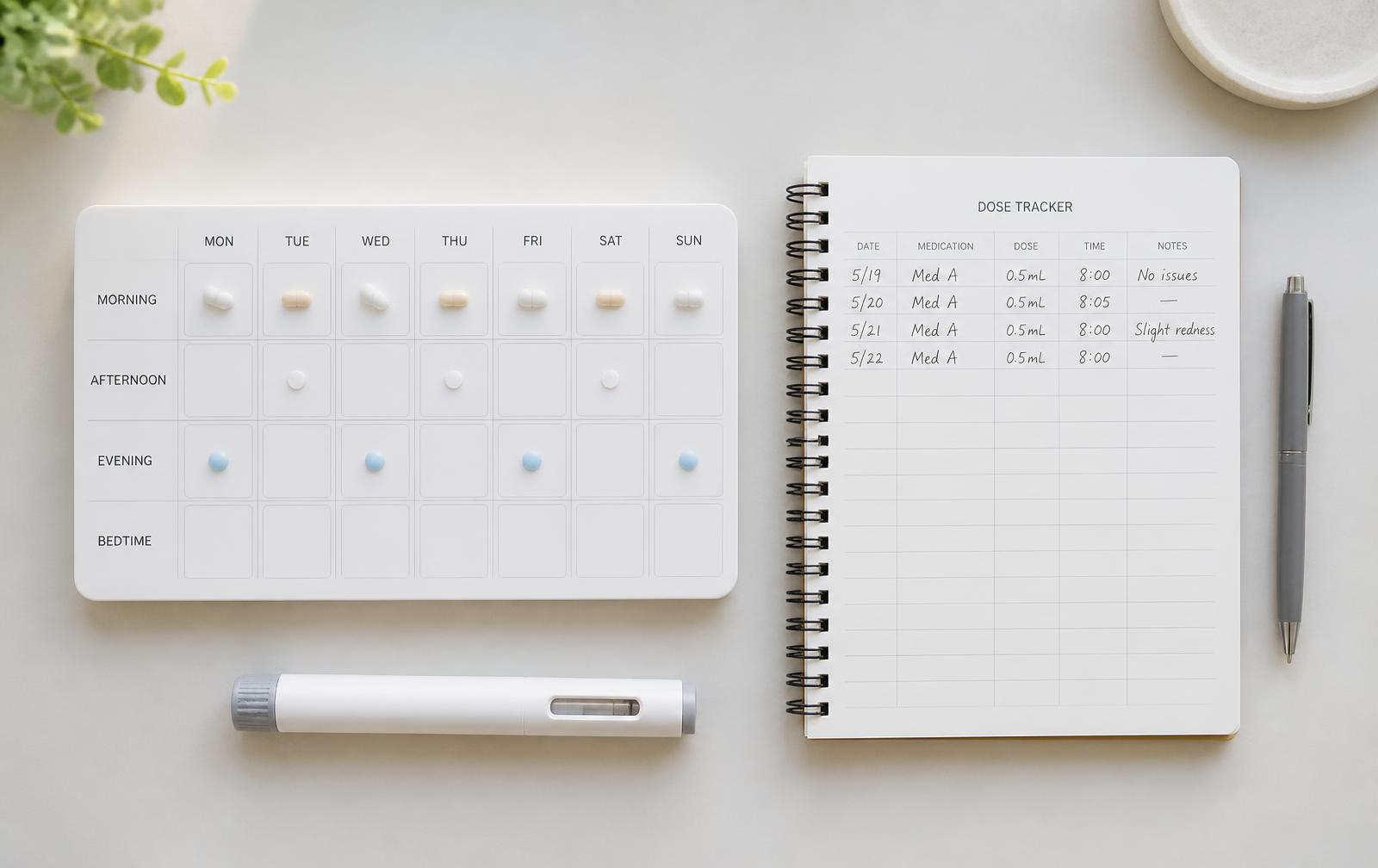 Weekly dose planner and dose-tracking notebook beside an injection pen